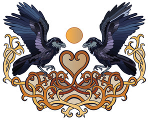Vector illustration of ravens in love Celtic ornament colorful