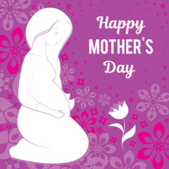 Congratulations on your mother's day. Vector illustration of a pregnant woman looking at a flower. On a background a vegetative pattern.