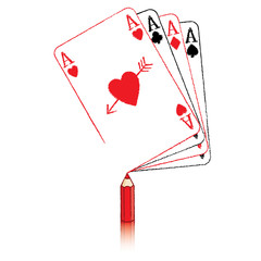 Pencil Drawing Ace of Hearts with fan of playing cards and Cupid's Arrow