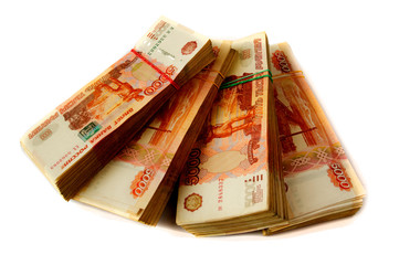 Packs of Russian paper money on a white background,as part of a business