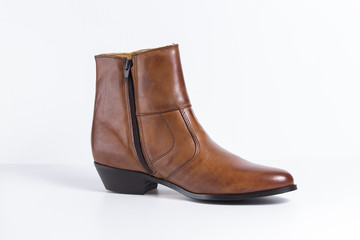 Male boot, leather chestnut on white background, isolated product.
