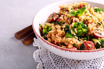 Broccoli, sausage and rice casserole