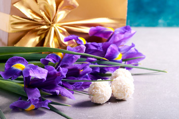Flowers, sweets and gift box