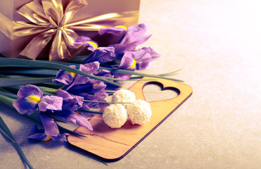 Flowers, sweets and gift box