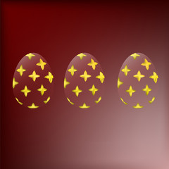 Transparent Easter eggs with a gold pattern on a red gradient background