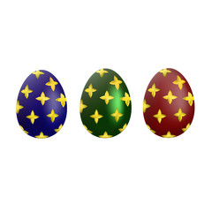 A set of blue, green and red Easter eggs with a gold pattern on a white background