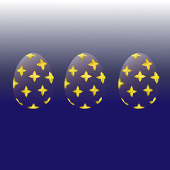 Transparent Easter eggs with a gold pattern on a blue gradient background