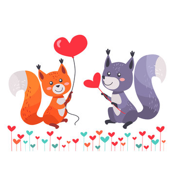 Fox with Heart Shaped Balloon and Squirrel Lovers