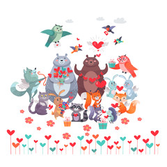 Set of Animals with Hearts. Valentines Day Concept