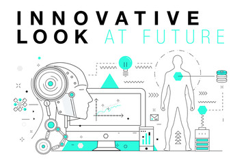 Trendy Innovation systems layouts in polygonal contour line composition, future analysis and technology operations. Made in awesome geometry style with linear pictogram of future for web design.