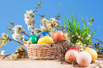 Colorful Easter eggs in a basket