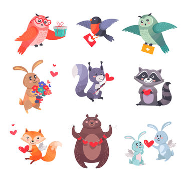 Set of Vector Icons with Cartoon Animal Cupids