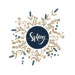 vector wallpaper template with hand drawn word spring in a blue circle frame with hand drawn pretty field flowers around