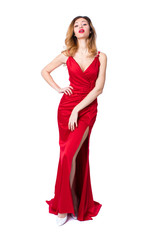Naklejka premium Young beautiful happy blonde woman in red dress