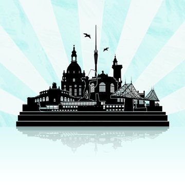Dresden Deutschland Skyline Silhouette Wandtattoo Umriss Semperoper Zwinger Frauenkirche Fernsehturm Bogensch&uuml;tze Dampfer Fichteturm Blaues Wunder Br&uuml;cke Sachsen Sehensw&uuml;rdigkeiten Panorama 
