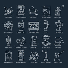 Vector line icons of coffeemaking equipment. Coffee set.
