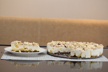 A piece of cake on the plate. Homemade rustic tart with muesli.
