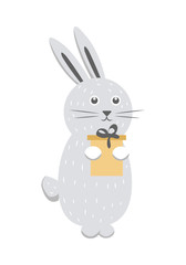 Gray Rabbit with Gift Box Isolated on White Vector