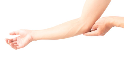 Man elbow pain on white background, health care and medical concept