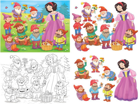 Snow White and the seven dwarfs. Fairy tale. Illustration for children. Funny cartoon characters