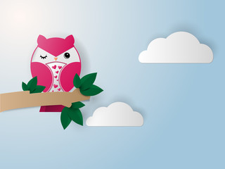 Owl on tree branches, paper art style, vector illustration.