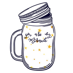 Vector illustration with a beautiful jar of confetti made from gold stars inside.
