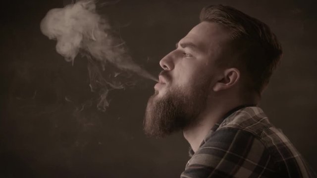 Handsome man with a beard smoking cigar in studio