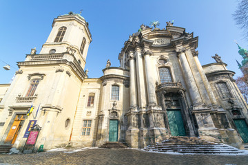 Fototapeta na wymiar LVIV, UKRAINE - Feb 14, 2017: The Dominican church and monastery in Lviv, Ukraine is located in the city's Old Town, today serves as the Greek Catholic church of the Holy Eucharist