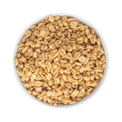 Heap of Puffed Wheat Snack in White Round Bowl Isolated