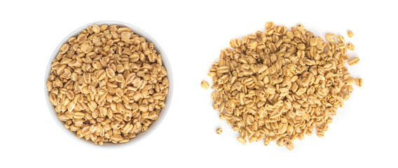 Heap of Puffed Wheat Snack in White Round Bowl Isolated