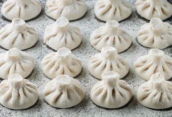 Khinkali is the national dish of Georgian cuisine. Products meat and dough with spices. Selective focus