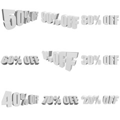 Percents off letters on white background. 3d render isolated.