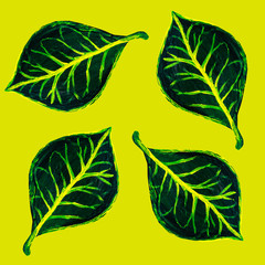 Green croton plant leaves seamless pattern.Hand painted floral texture.Yellow background © Kolomiiets Viktoriia