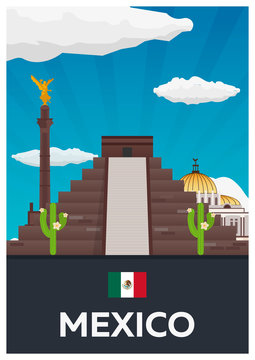 Poster Travel to Mexico. America. Chichen Itza. Vector illustration.