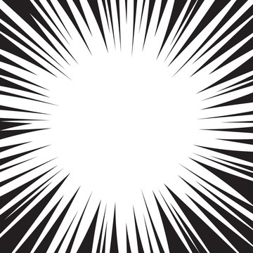 Comic book black and white radial lines background. Manga speed frame design element. Graphic explosion vector illustration.