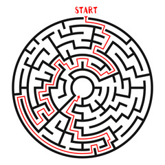 Circle Maze with Solution. Labyrinth with Entry and Exit. Find the Way Out Concept. Vector Illustration.