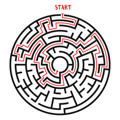 Circle Maze with Solution. Labyrinth with Entry and Exit. Find the Way Out Concept. Vector Illustration.
