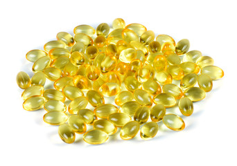 Omega 3 fish oil capsules isolated on a white background