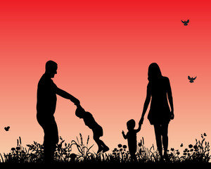 Vector, isolated, silhouette family walking