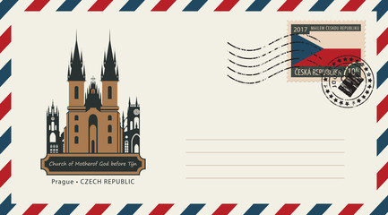 Obraz na płótnie Canvas an envelope with a postage stamp with Prague church of Mother of God before tyn, and the flag of Czech Republic