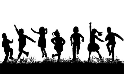 Fototapeta na wymiar isolated, silhouette of children jumping on grass, joy