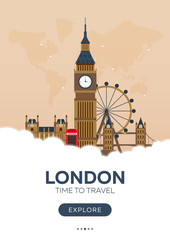 England. London. Time to travel. Travel poster. Vector flat illustration.