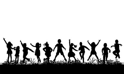 Vector, isolated, silhouette of children jumping on the grass