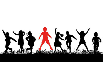  silhouette of children jumping on the grass