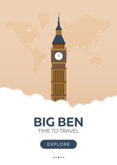 England. London. Big Ben. Time to travel. Travel poster. Vector flat illustration.