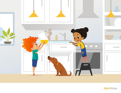Children cooking food in kitchen. Red head boy holding pitcher with drink, girl in apron standing by stove and cute pet dog. Home alone concept. Vector illustration for poster, website, postcard.