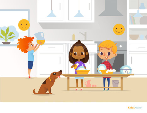 Children doing daily routine activities in kitchen. Two kids washing dishes and red head boy holding pitcher with orange juice. Montessori environment concept. Vector illustration for poster, flyer.
