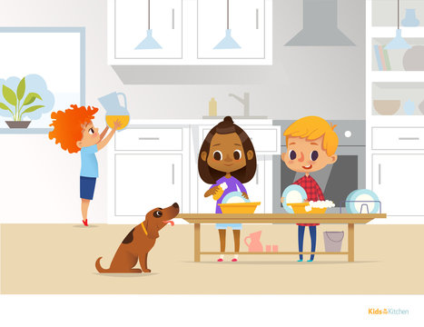 Children cleaning up kitchen. Two multiracial kids washing dishes and boy putting pitcher with drink on table on background. Useful home activities concept. Vector illustration for flyer, website.