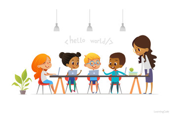 Happy children sitting at laptops and learning programming during school lesson, smiling teacher standing near them. Coding for kids concept. Vector illustration for website, advertisement, poster.
