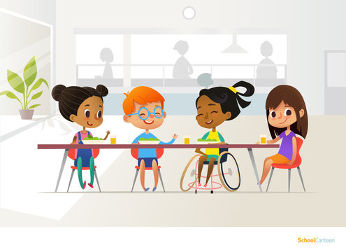 Smiling disabled girl sitting at table in school canteen and talking to her classmates. Children s friendship. Inclusive education concept. Vector illustration for banner, website, advertisement.